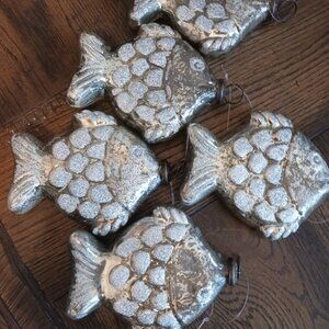 Mercury Glass Fish Christmas Ornaments Lot of 5 Silvertone